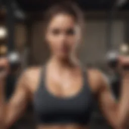 A woman performing a strength training exercise with weights