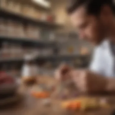 Nutritional Analysis of Supplements A close-up of a nutritionist analyzing multivitamin labels and ingredients.