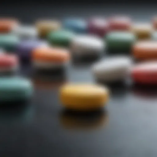 A close-up of an assortment of anxiety medication pills on a reflective surface