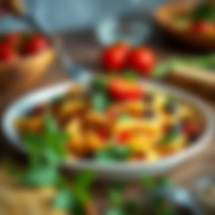 Hearty Pasta Dish A hearty pasta dish topped with fresh herbs and vegetables