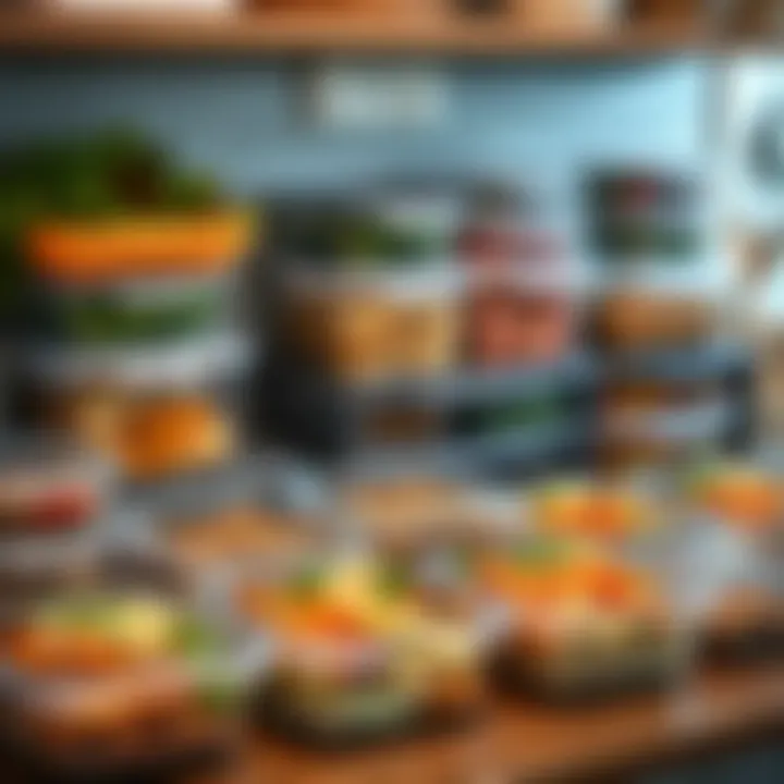 Efficient Meal Prep Station A clean and organized meal prep station with containers filled with balanced meals