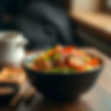 Delicious Stir-Fried Bowl A delicious bowl of stir-fried vegetables and protein served in a stylish dish