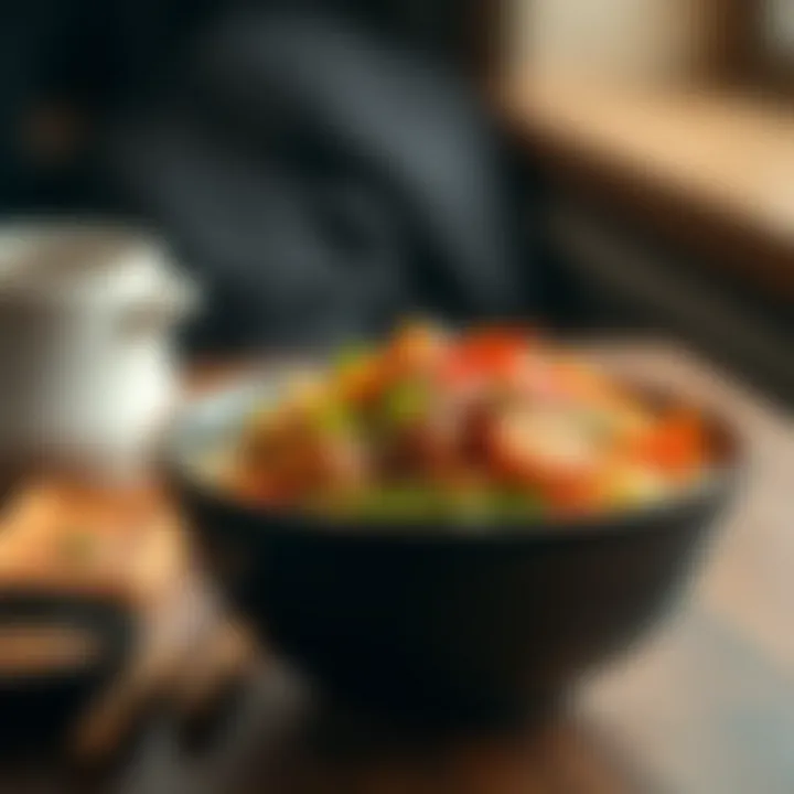 Delicious Stir-Fried Bowl A delicious bowl of stir-fried vegetables and protein served in a stylish dish