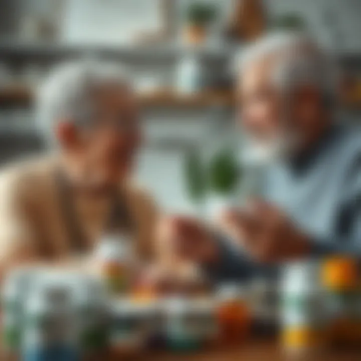 An elderly couple discussing health and wellness, surrounded by supplements
