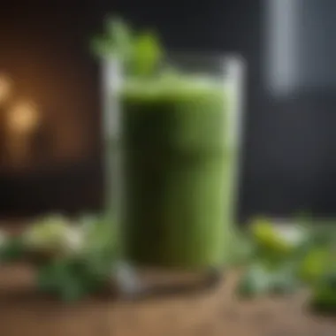 Smoothie glass filled with a rich green blend garnished with fresh herbs