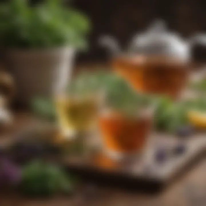 A tranquil view of a herbal tea assortment arranged with fresh herbs and flowers.