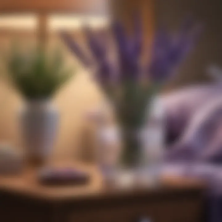 A calming image of a night-time environment featuring lavender-infused water on a nightstand.
