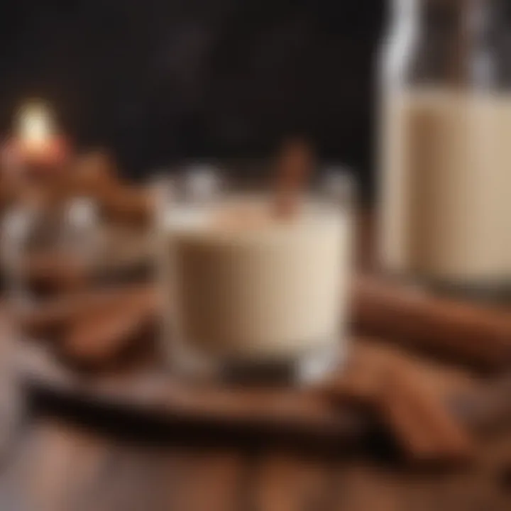 A cozy setting featuring a glass of warm milk and a sprinkle of cinnamon on a wooden table.
