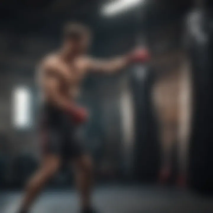 An athlete practicing punches on a body bag in a well-lit training facility.