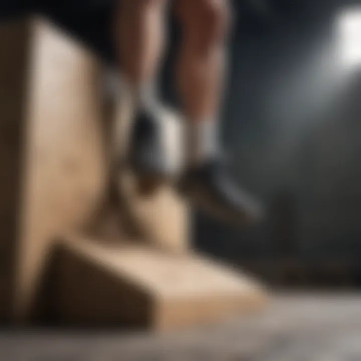 Close-up of feet landing on a foam box