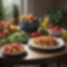 A vibrant assortment of healthy foods laid out on a table, showcasing colorful fruits and vegetables.