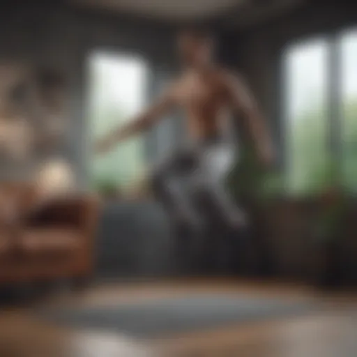 Individual engaged in a high-energy jump exercise at home
