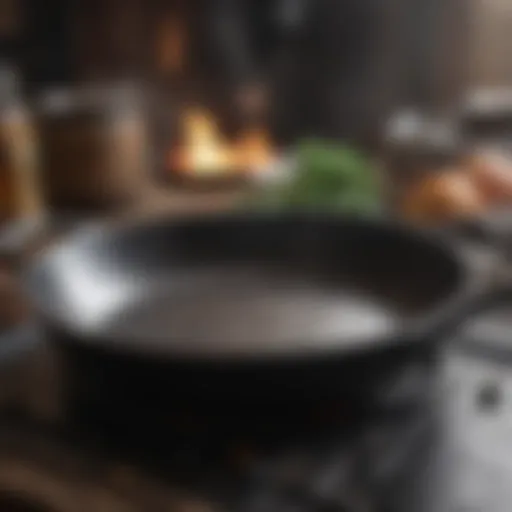 Close-up of a well-seasoned cast iron skillet reflecting its glossy surface.