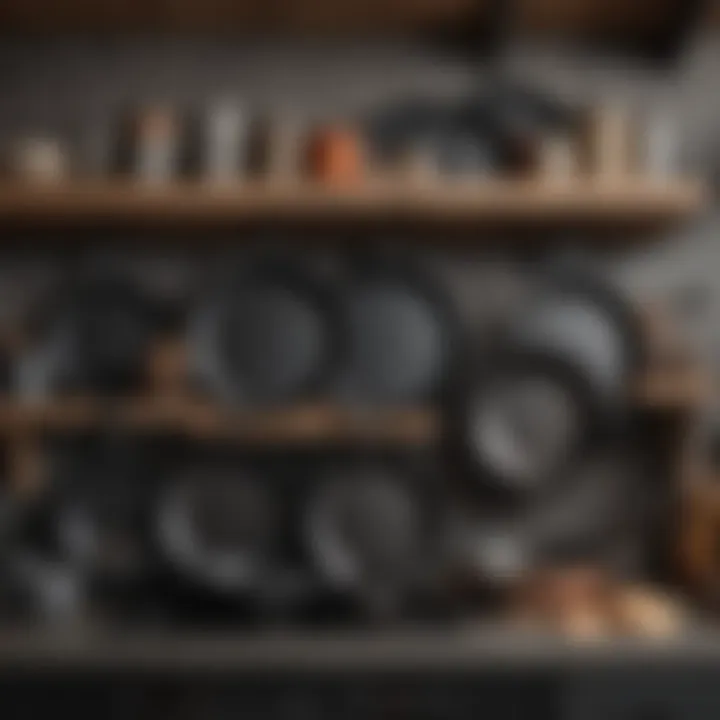 An organized kitchen shelf displaying various sizes of cast iron skillets.