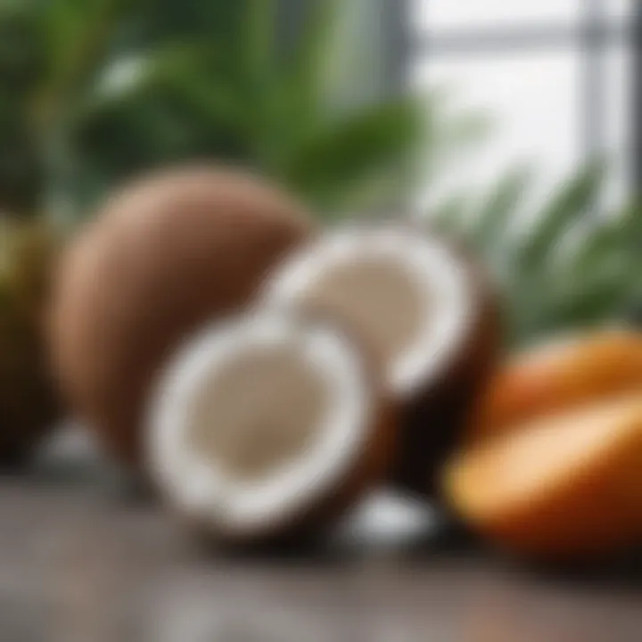 A bowl of coconut oil with tropical fruits in the background