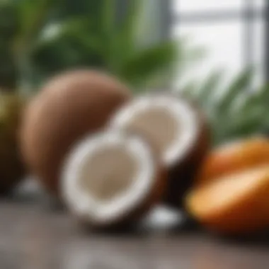 Coconut Oil and Tropical Fruits A bowl of coconut oil with tropical fruits in the background