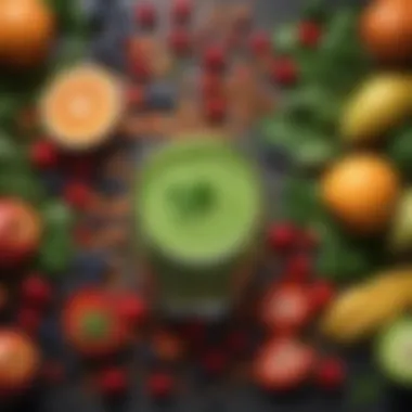 Colorful ingredients for a fat-free smoothie A vibrant array of fresh fruits and greens ready for blending
