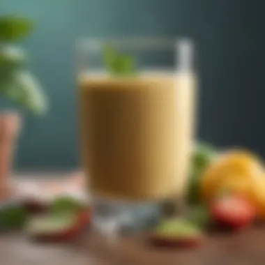 A close-up of a creamy fat-free smoothie in a glass garnished with mint