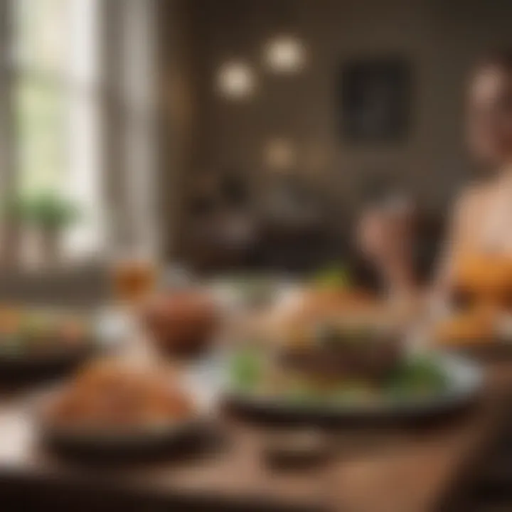 A serene dining setting with a focus on portion control and balanced food choices.