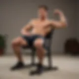 A person performing tricep dips on a sturdy chair to strengthen the upper arms.