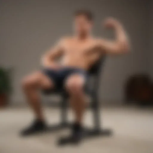 A person performing tricep dips on a sturdy chair to strengthen the upper arms.