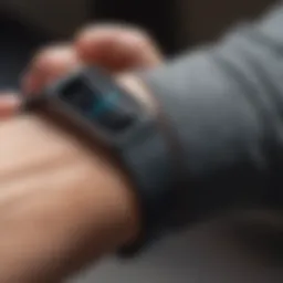 A close-up of a modern fitness tracker displaying health metrics