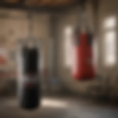 Safety gear and measures displayed alongside a punch bag setup