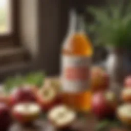 A bottle of apple cider vinegar with fresh apples and herbs around it