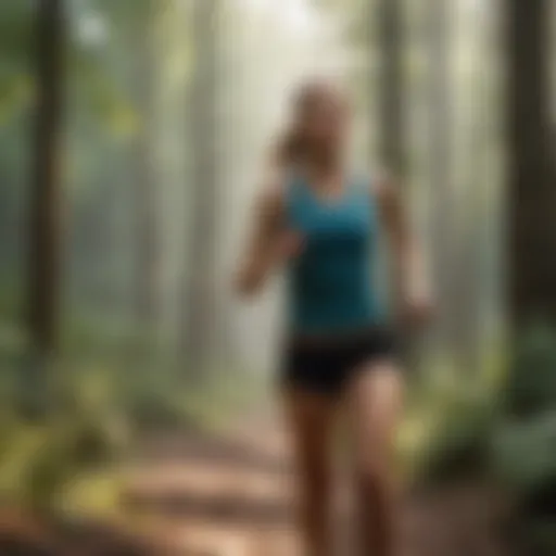 A runner accessing a mobile app to track their distance on a scenic trail