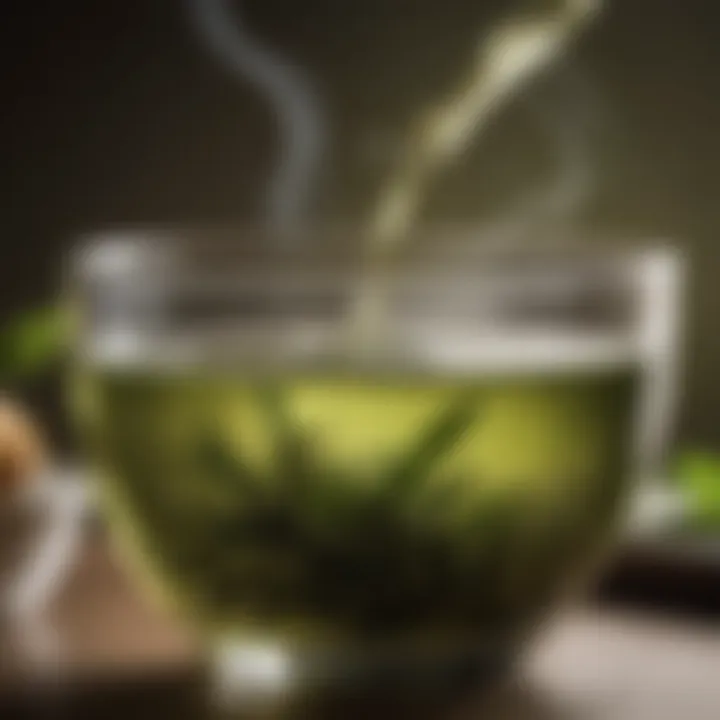 A close-up of a glass of green tea with steam rising