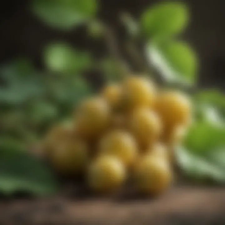 Fresh gooseberries on a branch with green leaves