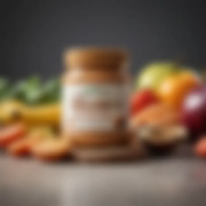 Peanut butter displayed alongside fresh fruits and vegetables