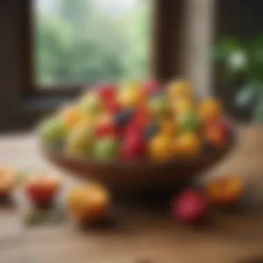 Artful Display of Natural Goodness An artistic arrangement of fruits on a wooden table, emphasizing their organic appeal