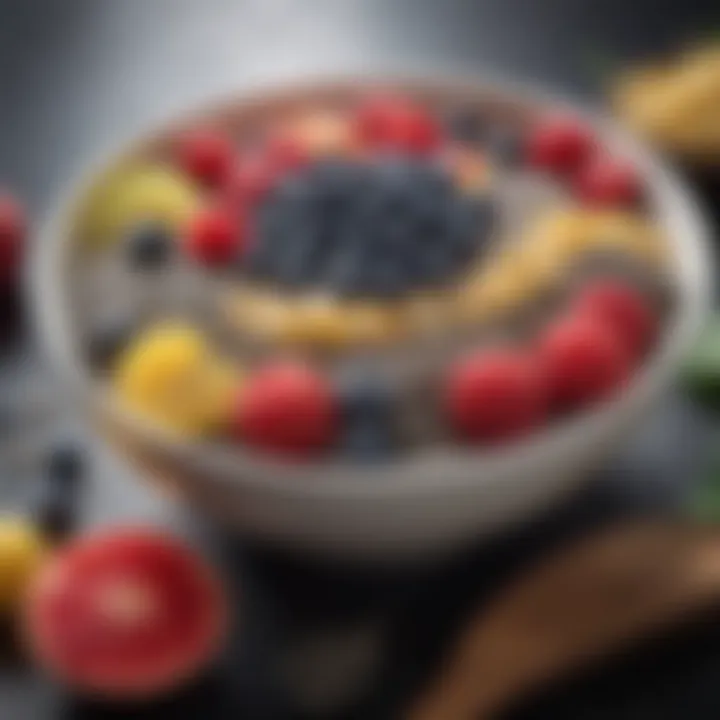 A close-up of a bowl filled with chia seeds and fruits