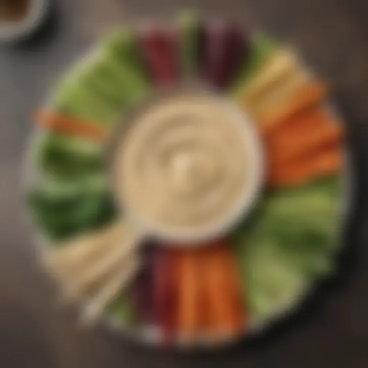 A beautifully arranged platter of vegetable sticks with hummus dip