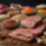 An array of high protein foods including meats, legumes, and nuts