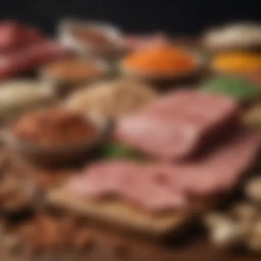 An array of high protein foods including meats, legumes, and nuts