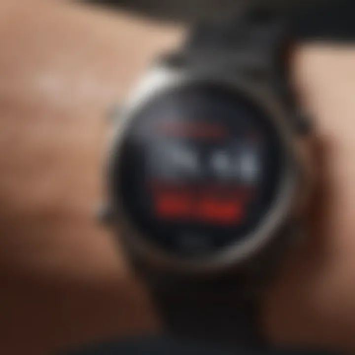 Close-up of heart rate monitor displaying elevated heart rate during exercise