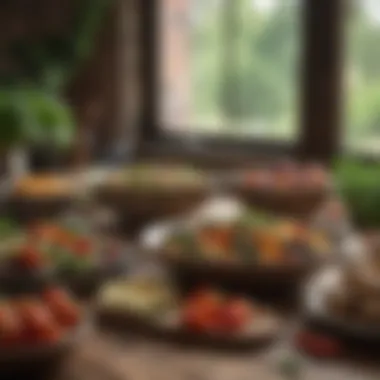 A rustic table set with Mediterranean dishes showcasing the use of vegetables as a main component.