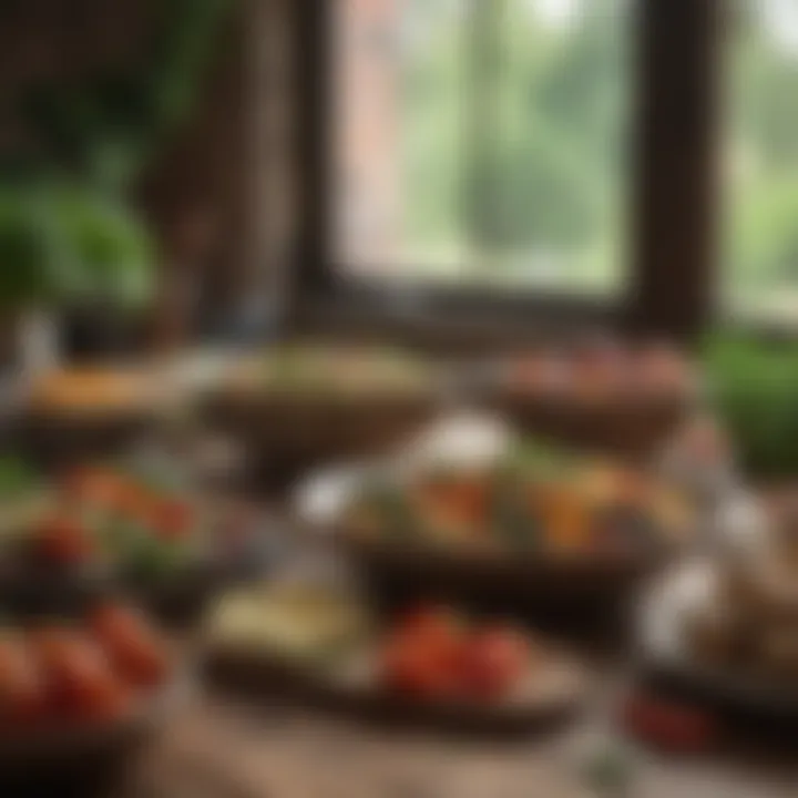 A rustic table set with Mediterranean dishes showcasing the use of vegetables as a main component.