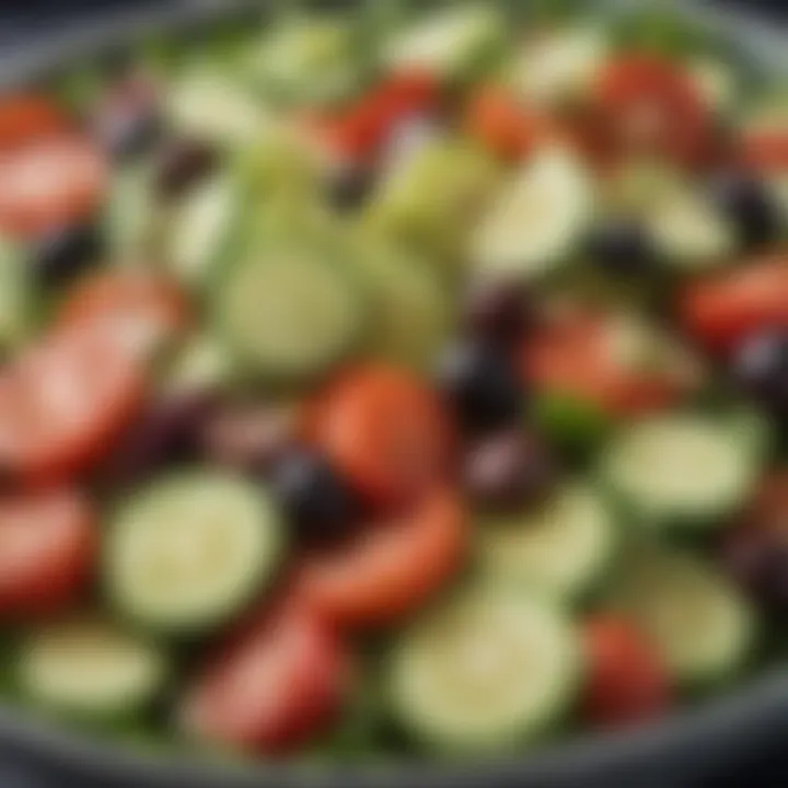 A close-up of a colorful Mediterranean salad featuring cucumbers, tomatoes, and olives.