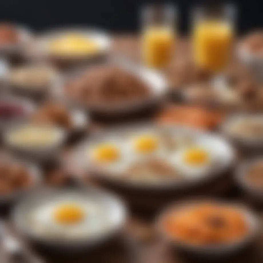A vibrant spread of assorted protein-rich breakfast foods including eggs, yogurt, and nuts