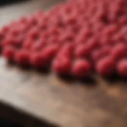 Close-up view of fresh raspberries on a wooden table.