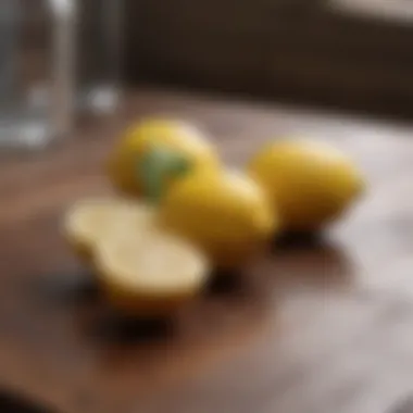 Close-up of fresh lemons on a wooden surface.