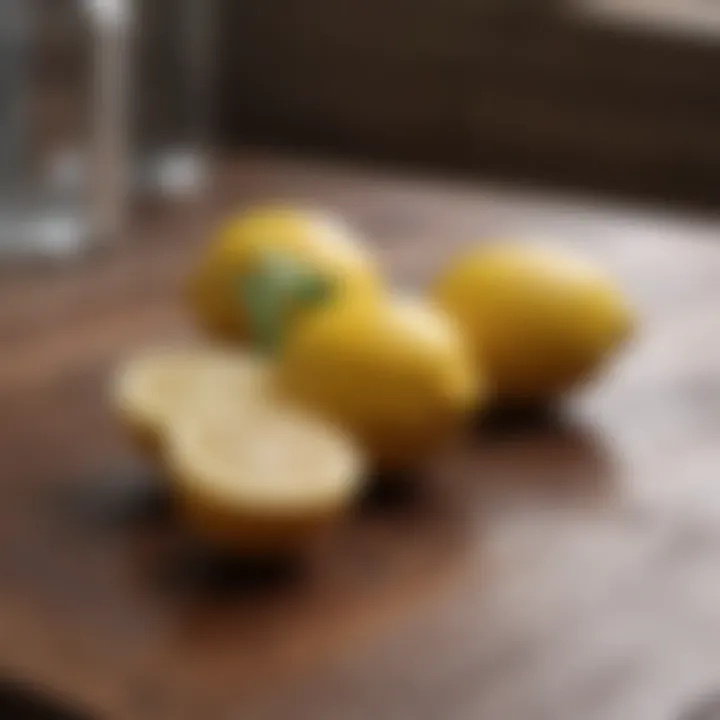 Close-up of fresh lemons on a wooden surface.