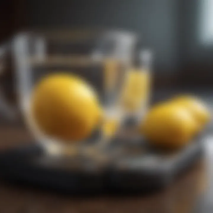 A measuring cup with lemon juice and a balance scale.