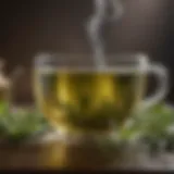 Green tea leaves with a steaming cup of brewed green tea