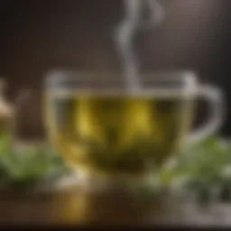 Green tea leaves with a steaming cup of brewed green tea