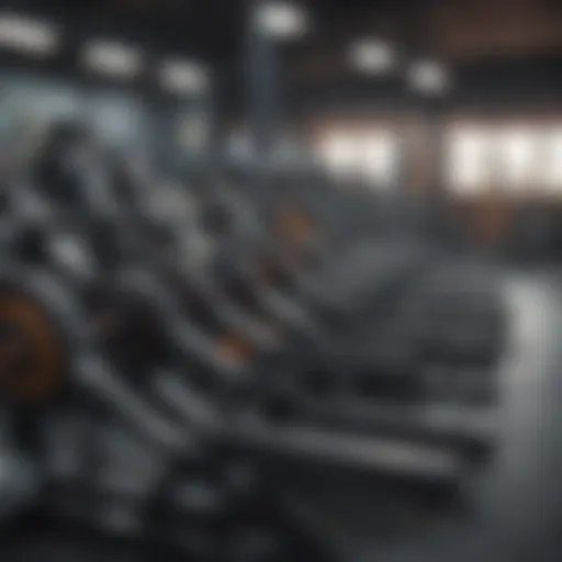 Different types of row machines displayed in a gym