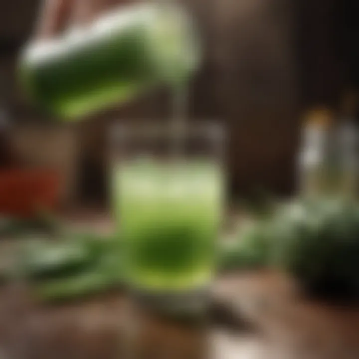 Aloe juice being poured into a glass, highlighting its refreshing nature